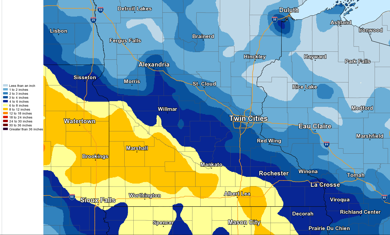 Observed Snowfall Totals for March 12th Winter Storm